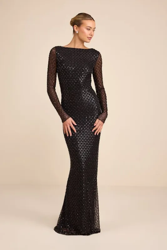 Jalira Black Mesh Sequin Backless Maxi Dress made by Lulus