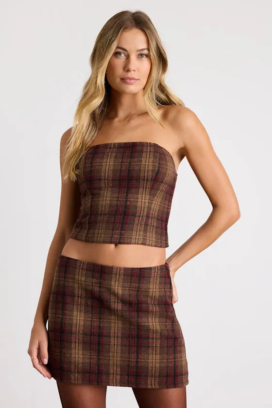 Annette Brown Plaid Strapless Top sold by Lulus