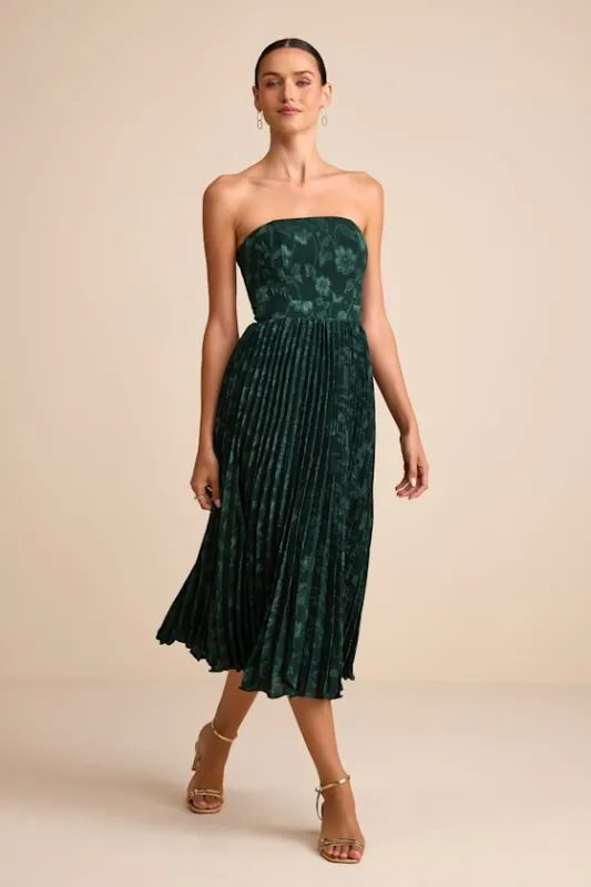 Perfectly Stunning Emerald Jacquard Strapless Midi Dress sold by Lulus