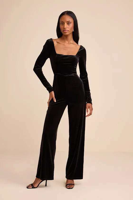 Asalia Black Velvet Lace-Up Long Sleeve Straight-Leg Jumpsuit sold by Lulus