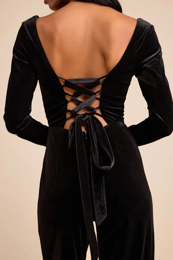 Asalia Black Velvet Lace-Up Long Sleeve Straight-Leg Jumpsuit sold by Lulus product image thumbnail 2