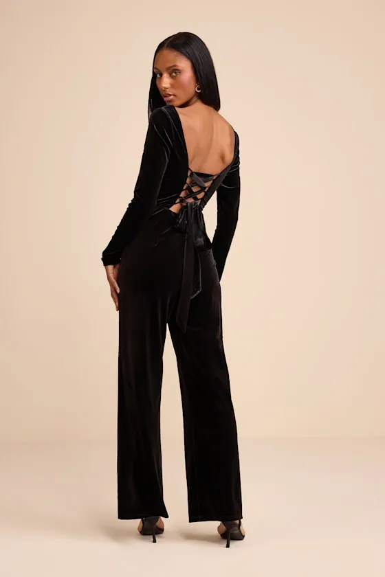 Asalia Black Velvet Lace-Up Long Sleeve Straight-Leg Jumpsuit sold by Lulus product image thumbnail 3