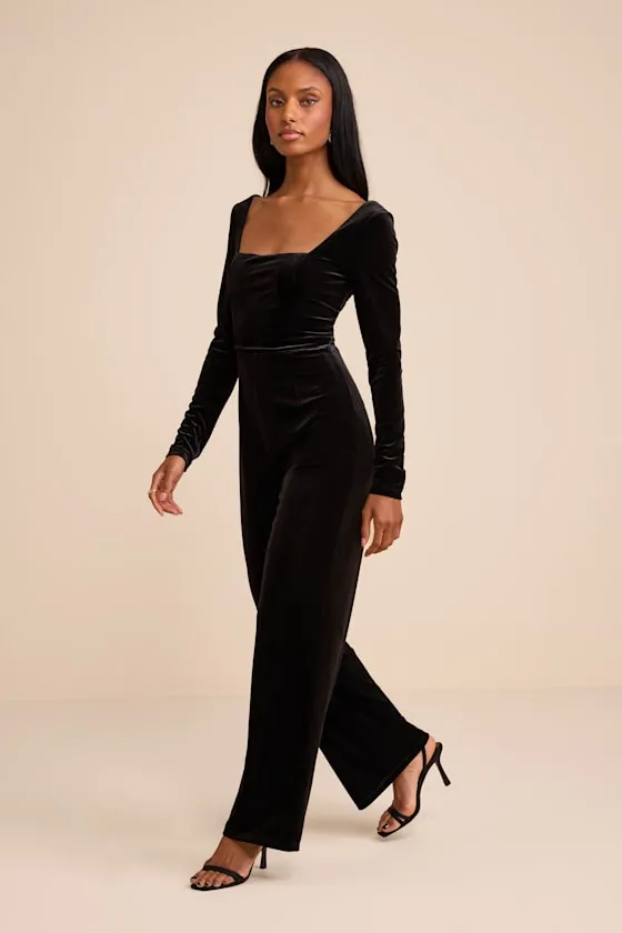 Asalia Black Velvet Lace-Up Long Sleeve Straight-Leg Jumpsuit sold by Lulus product image thumbnail 4