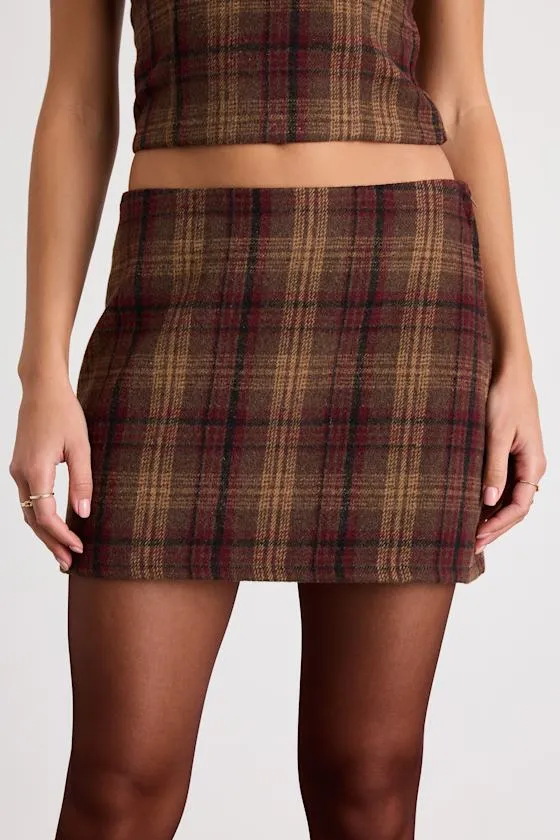 Annette Brown Plaid Mid-Rise Mini Skirt sold by Lulus