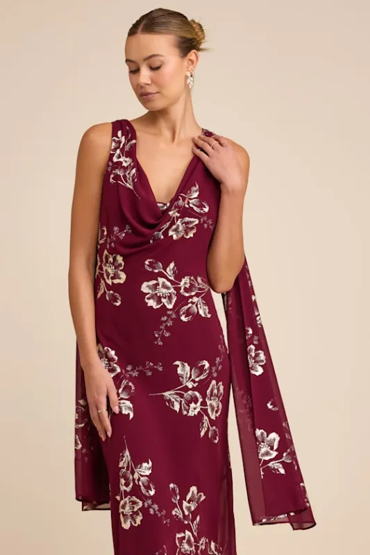 Sidonia Burgundy and Gold Floral Cowl Sash Maxi Dress sold by Lulus