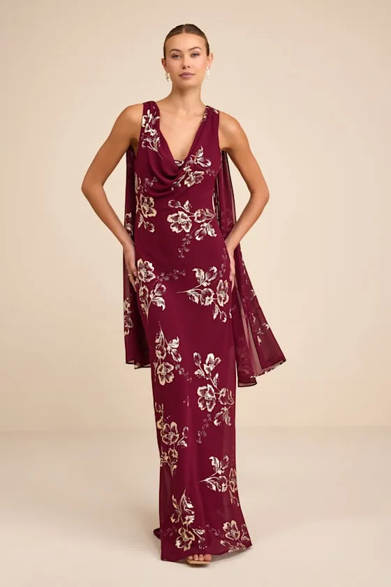 Sidonia Burgundy and Gold Floral Cowl Sash Maxi Dress sold by Lulus product image thumbnail 2