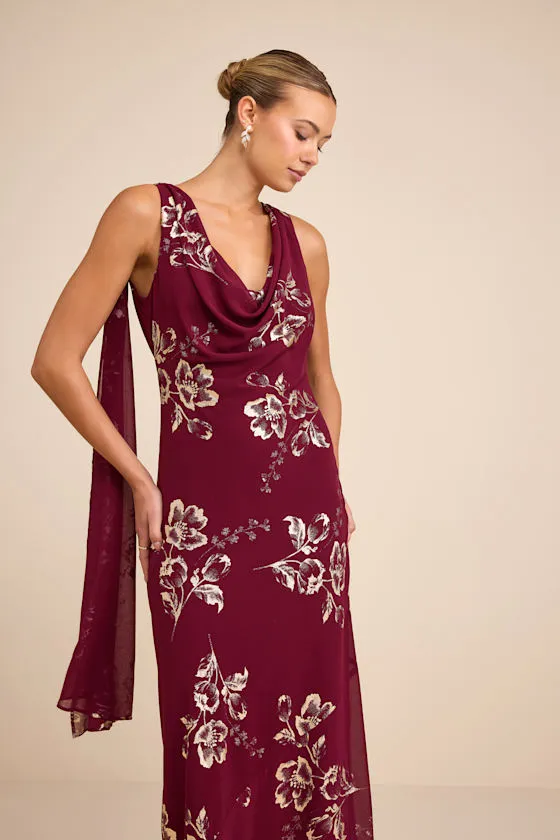 Sidonia Burgundy and Gold Floral Cowl Sash Maxi Dress sold by Lulus product image thumbnail 3