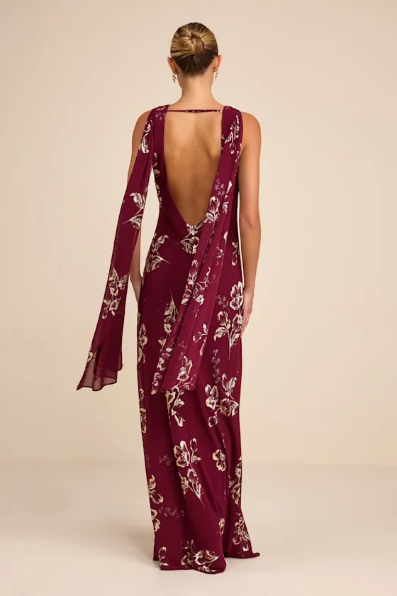 Sidonia Burgundy and Gold Floral Cowl Sash Maxi Dress sold by Lulus product image thumbnail 4