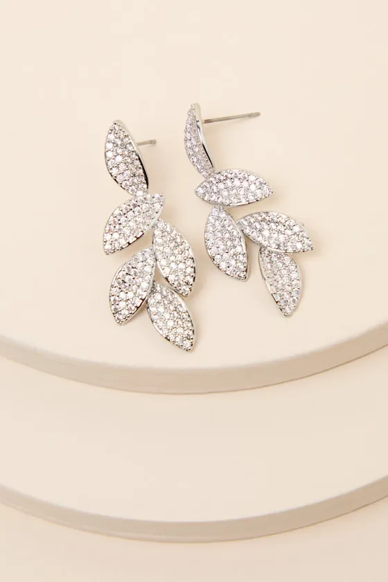 Windsor Silver Rhinestone Leaf Drop Earrings sold by Lulus product image thumbnail 3