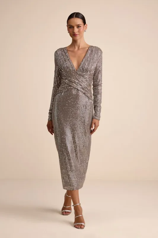 Helena Brown and Silver Sequin Long Sleeve Midi Dress sold by Lulus
