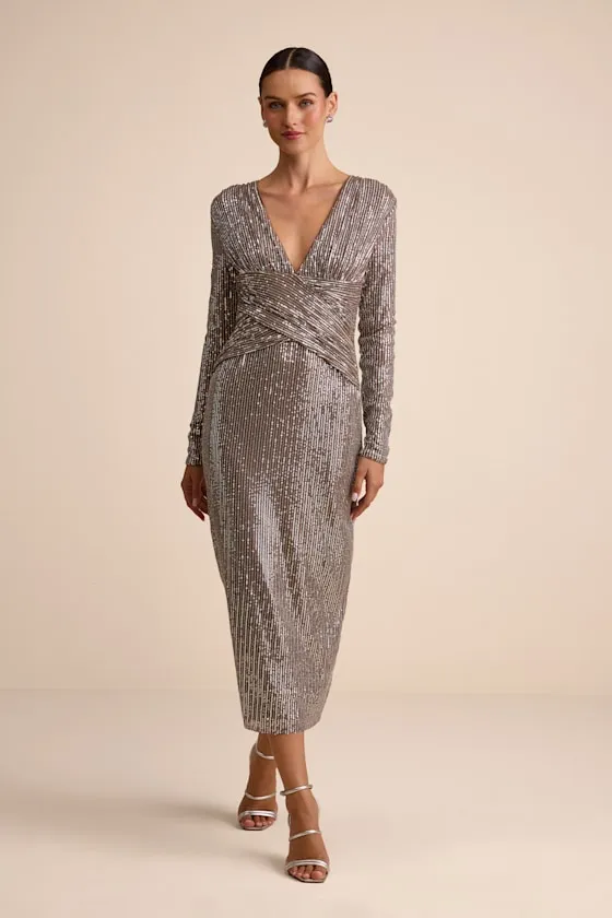 Helena Brown and Silver Sequin Long Sleeve Midi Dress sold by Lulus