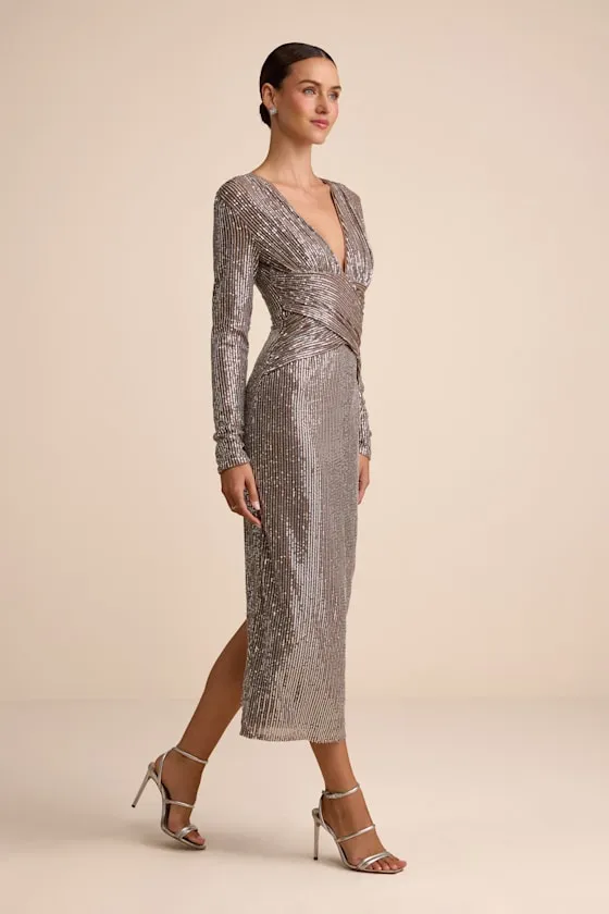 Helena Brown and Silver Sequin Long Sleeve Midi Dress sold by Lulus product image thumbnail 4