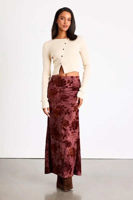 Milian Burgundy Burnout Velvet Ruched Mid-Rise Maxi Skirt sold by Lulus