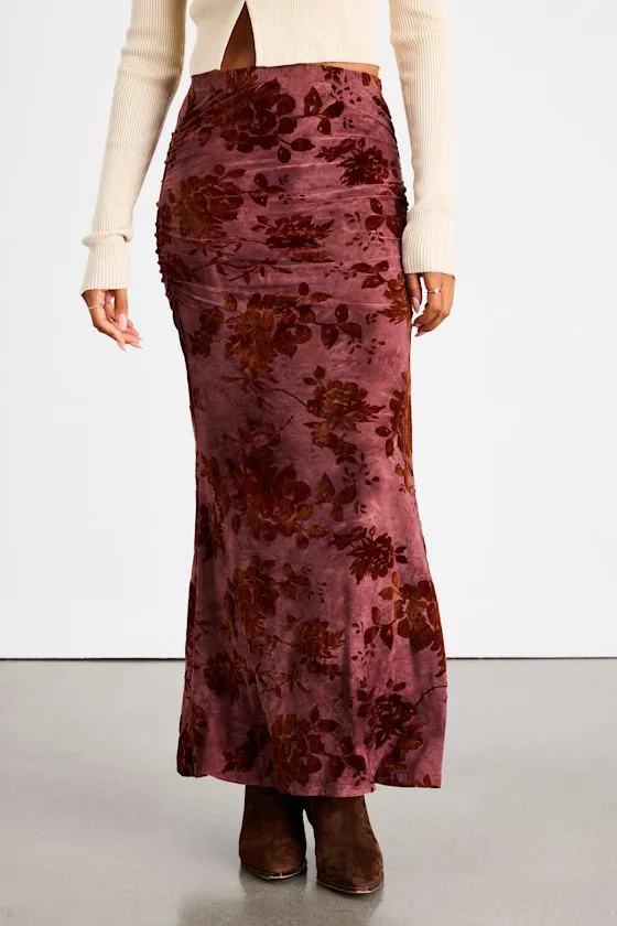 Milian Burgundy Burnout Velvet Ruched Mid-Rise Maxi Skirt sold by Lulus product image thumbnail 2