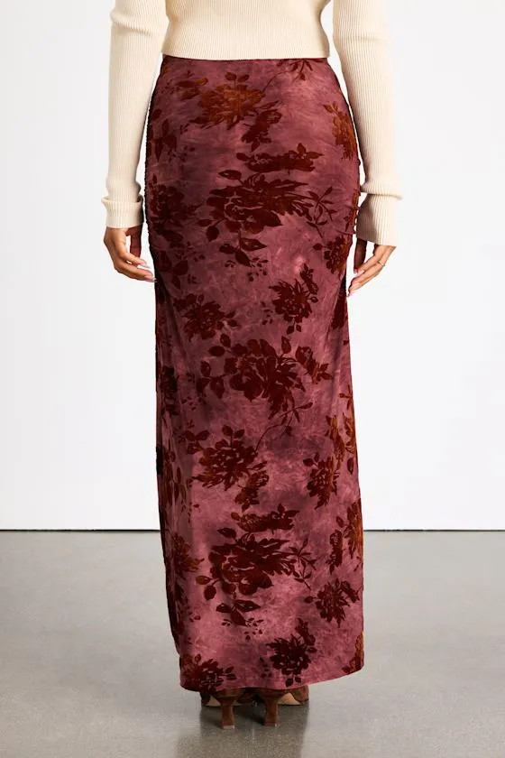 Milian Burgundy Burnout Velvet Ruched Mid-Rise Maxi Skirt sold by Lulus product image thumbnail 3