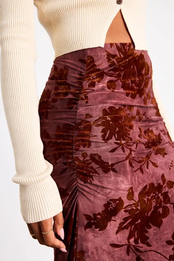 Milian Burgundy Burnout Velvet Ruched Mid-Rise Maxi Skirt sold by Lulus product image thumbnail 4
