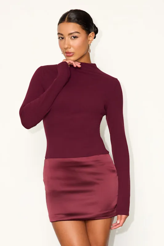 Azmina Wine Red Mixed Media Long Sleeve Bodycon Mini Dress made by Lulus