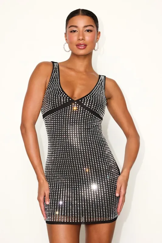 Narela Black and Silver Rhinestone Backless Bodycon Mini Dress sold by Lulus