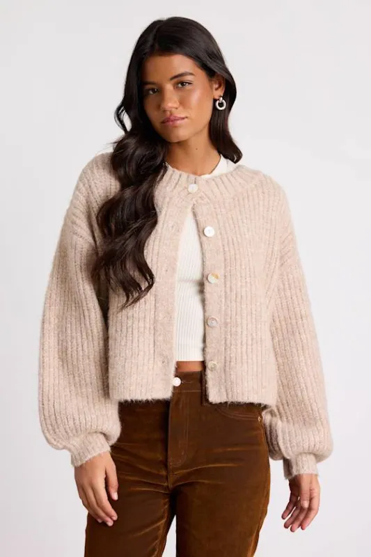 Marsden Heathered Beige Boxy Cardigan Sweater sold by Lulus