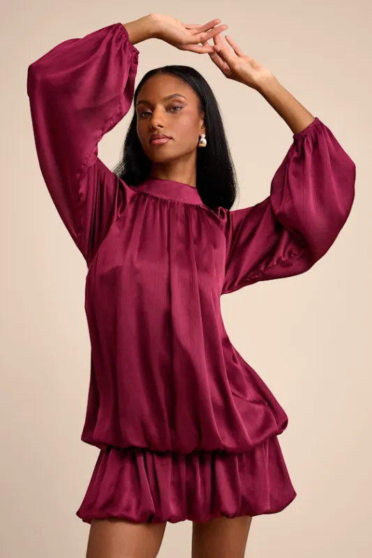 Nagaina Burgundy Satin Drop Waist Bubble-Hem Mini Dress made by Lulus