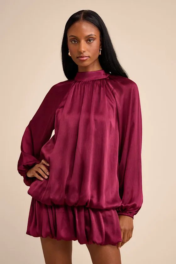 Nagaina Burgundy Satin Drop Waist Bubble-Hem Mini Dress sold by Lulus product image thumbnail 2