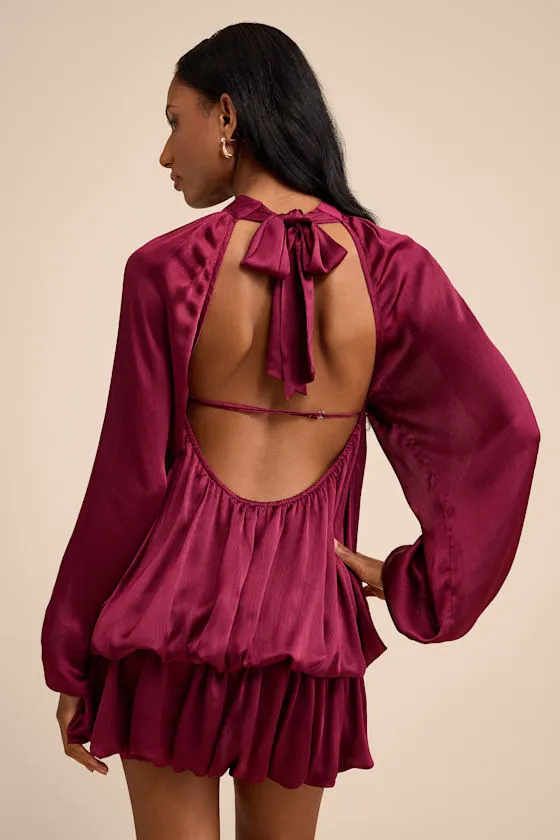 Nagaina Burgundy Satin Drop Waist Bubble-Hem Mini Dress sold by Lulus product image thumbnail 3