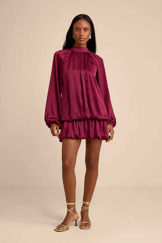 Nagaina Burgundy Satin Drop Waist Bubble-Hem Mini Dress sold by Lulus product image thumbnail 4