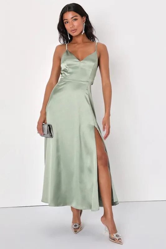 Always Audacious Sage Green Satin Tie-Back Midi Dress sold by Lulus