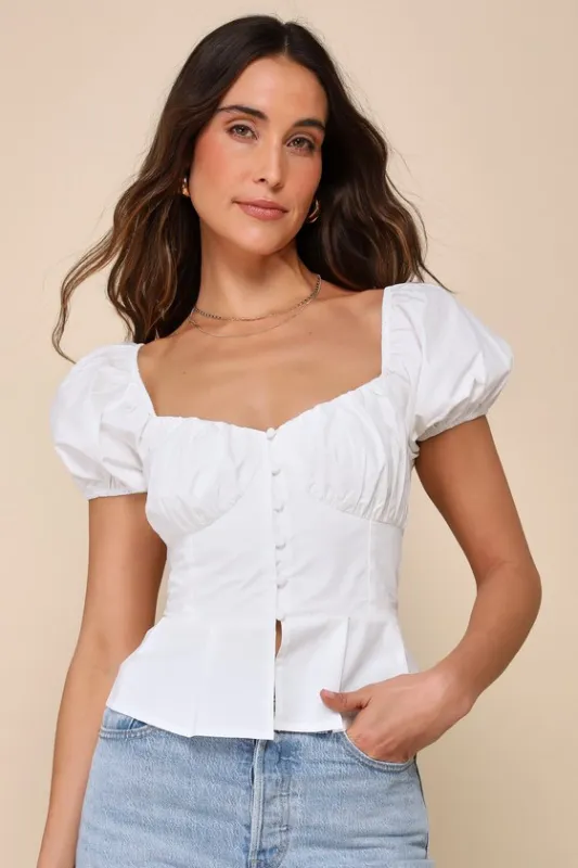 Admirable Poise White Button-Up Puff Sleeve Peplum Top made by Lulus