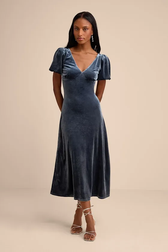 Obrissa Slate Blue Velvet Puff Sleeve Tie-Back Midi Dress sold by Lulus