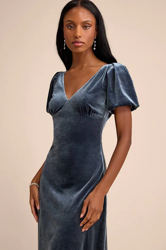 Obrissa Slate Blue Velvet Puff Sleeve Tie-Back Midi Dress sold by Lulus product image thumbnail 2