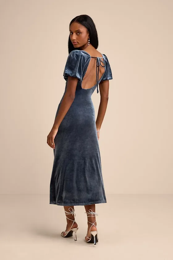 Obrissa Slate Blue Velvet Puff Sleeve Tie-Back Midi Dress sold by Lulus product image thumbnail 3