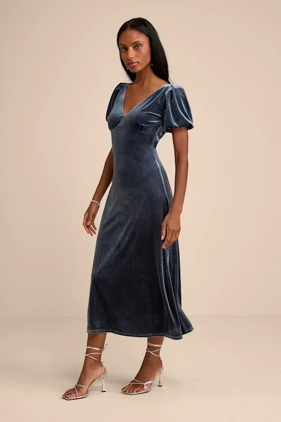Obrissa Slate Blue Velvet Puff Sleeve Tie-Back Midi Dress sold by Lulus product image thumbnail 4