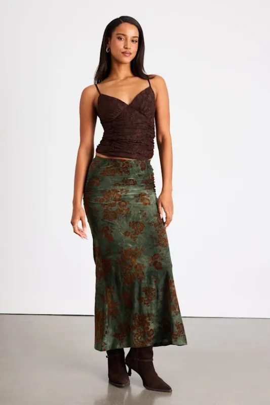 Milian Dark Green Burnout Velvet Ruched Mid-Rise Maxi Skirt sold by Lulus