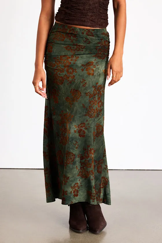 Milian Dark Green Burnout Velvet Ruched Mid-Rise Maxi Skirt sold by Lulus product image thumbnail 2