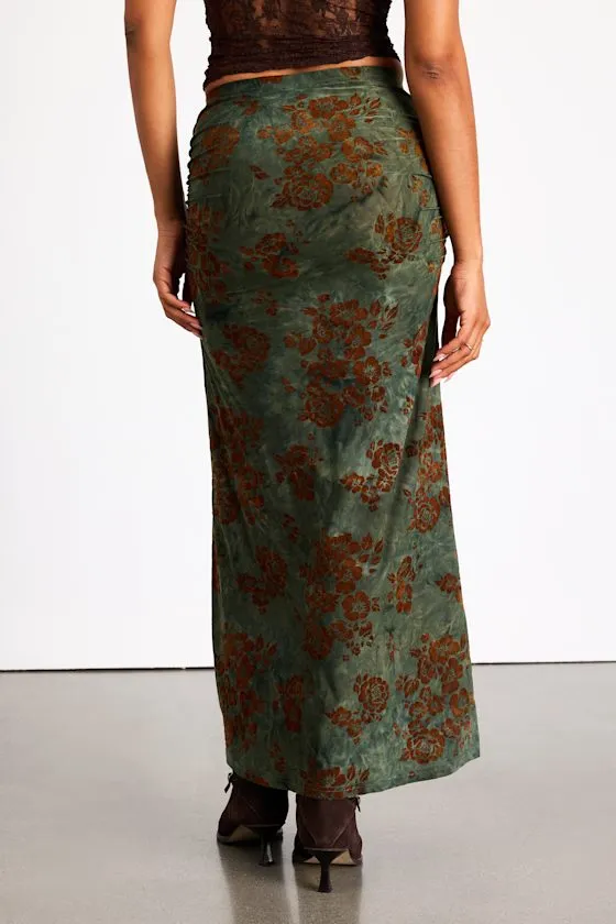 Milian Dark Green Burnout Velvet Ruched Mid-Rise Maxi Skirt sold by Lulus product image thumbnail 3