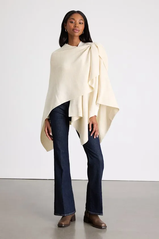 Napiera Heather Cream Knit Wrap Poncho sold by Lulus