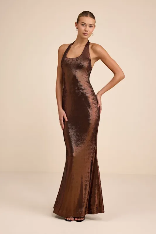 Airla Shiny Bronze Slinky Knit Halter Maxi Dress sold by Lulus