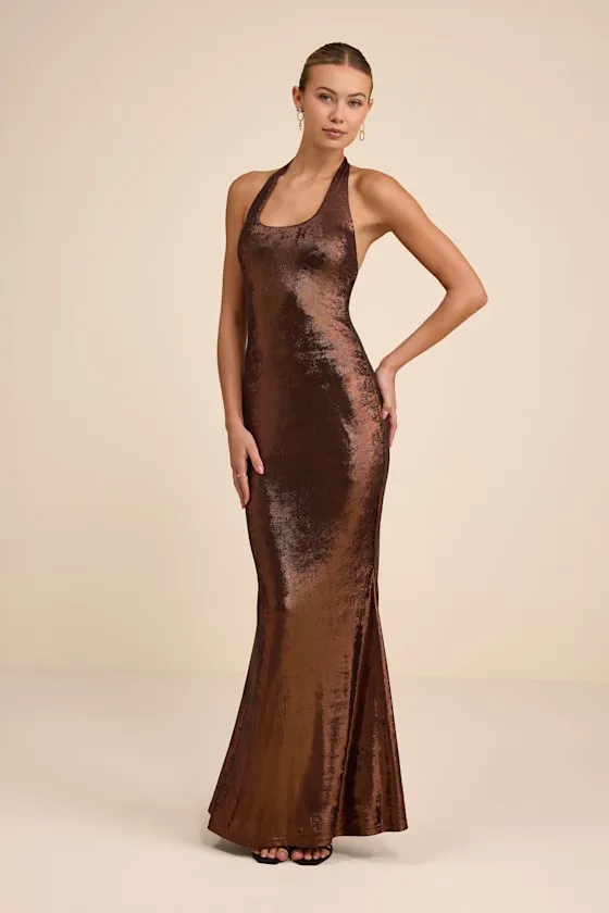Airla Shiny Bronze Slinky Knit Halter Maxi Dress sold by Lulus