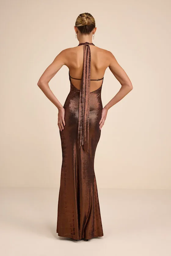 Airla Shiny Bronze Slinky Knit Halter Maxi Dress sold by Lulus product image thumbnail 3