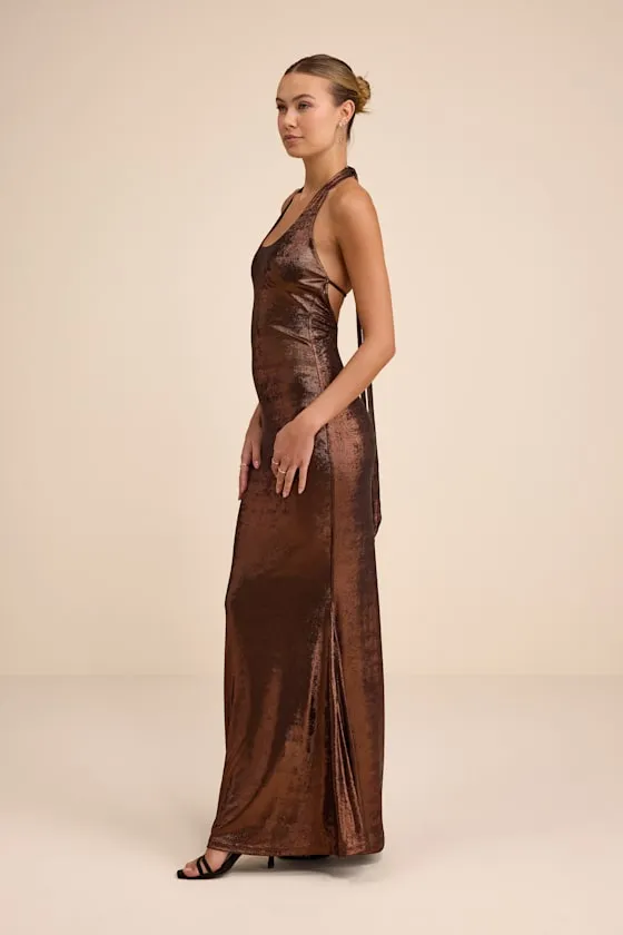 Airla Shiny Bronze Slinky Knit Halter Maxi Dress sold by Lulus product image thumbnail 4