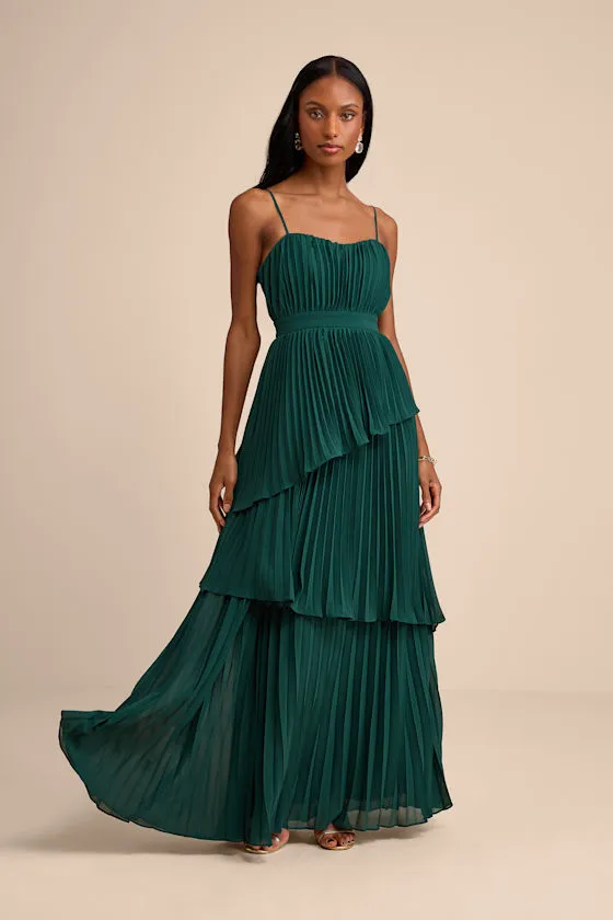 Jehona Emerald Green Pleated Tiered Maxi Dress sold by Lulus