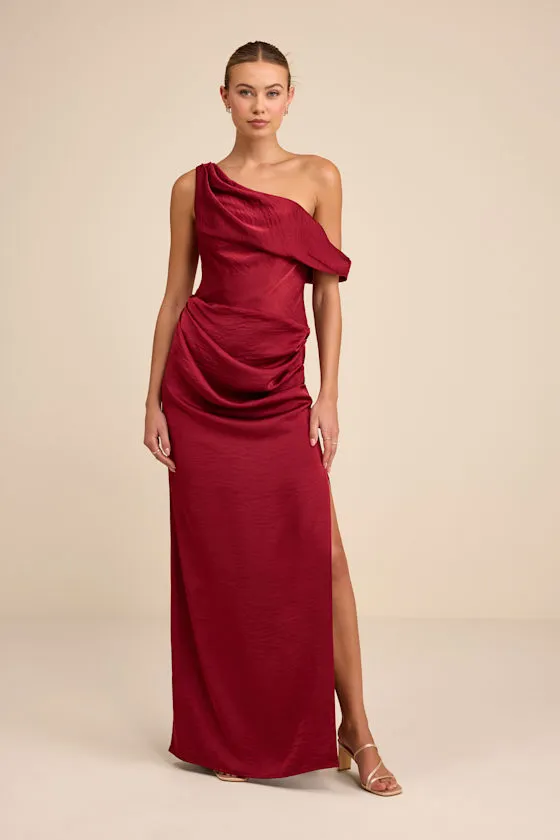 Aviana Dark Red Satin Asymmetrical Maxi Dress sold by Lulus