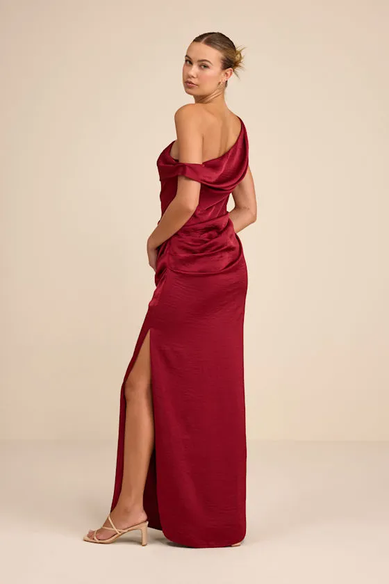 Aviana Dark Red Satin Asymmetrical Maxi Dress sold by Lulus product image thumbnail 3