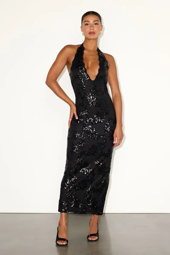 Adelia Black Lace Sequin Plunging Maxi Dress sold by Lulus