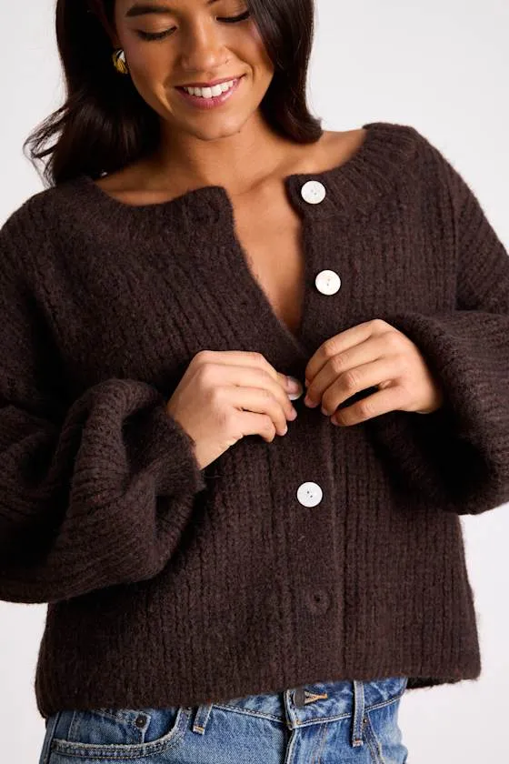 Marsden Heathered Brown Boxy Cardigan Sweater sold by Lulus