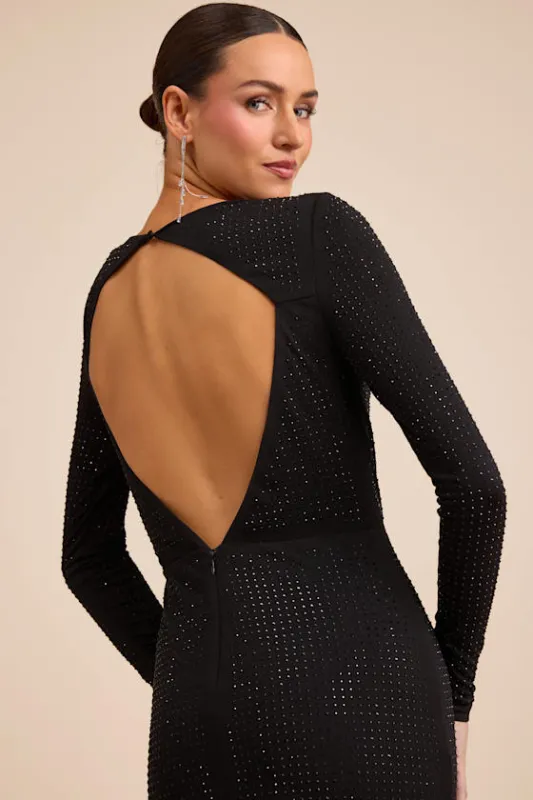 Rhodria Black Rhinestone Cowl Long Sleeve Maxi Dress sold by Lulus