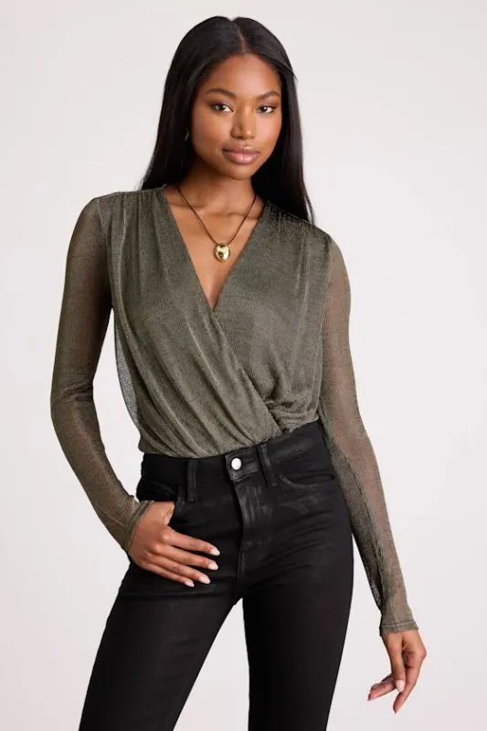 Kenni Dark Bronze Lurex Sheer Surplice Bodysuit sold by Lulus