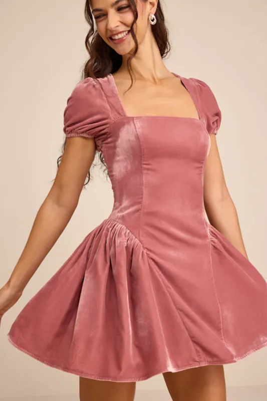 Louisa Pink Velvet Puff Sleeve Mini Dress sold by Lulus
