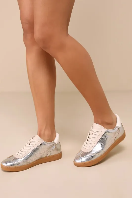 Notice Silver Metallic Distressed Leather Lace-Up Sneakers sold by Lulus